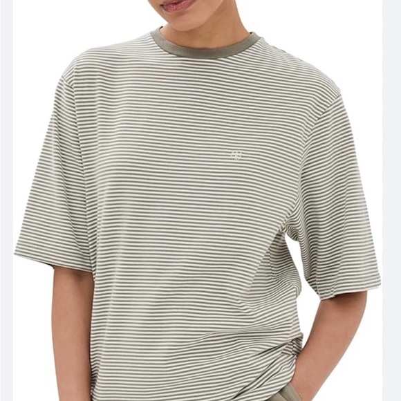 Anine Bing Tops - ANINE BING Women's Bo Tee Olive and Ivory Stripe